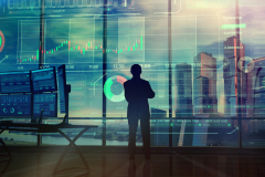 Silhouette of a trader in the office before infographics